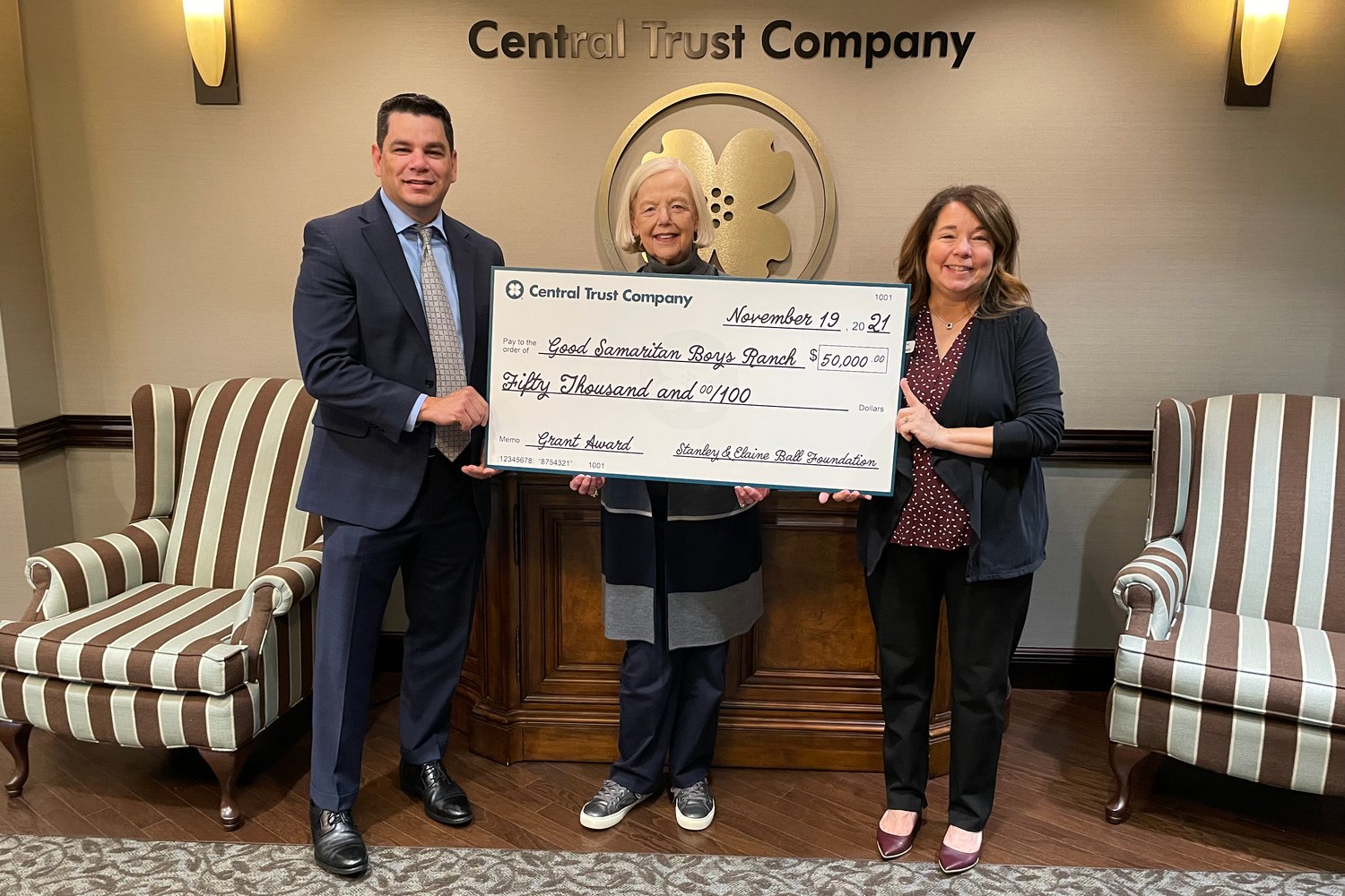 Ball Foundation selection committee members, from left, Jason Flores, Karen Hall and Patty Johns present a $50,000 check to Good Samaritan Boys Ranch.